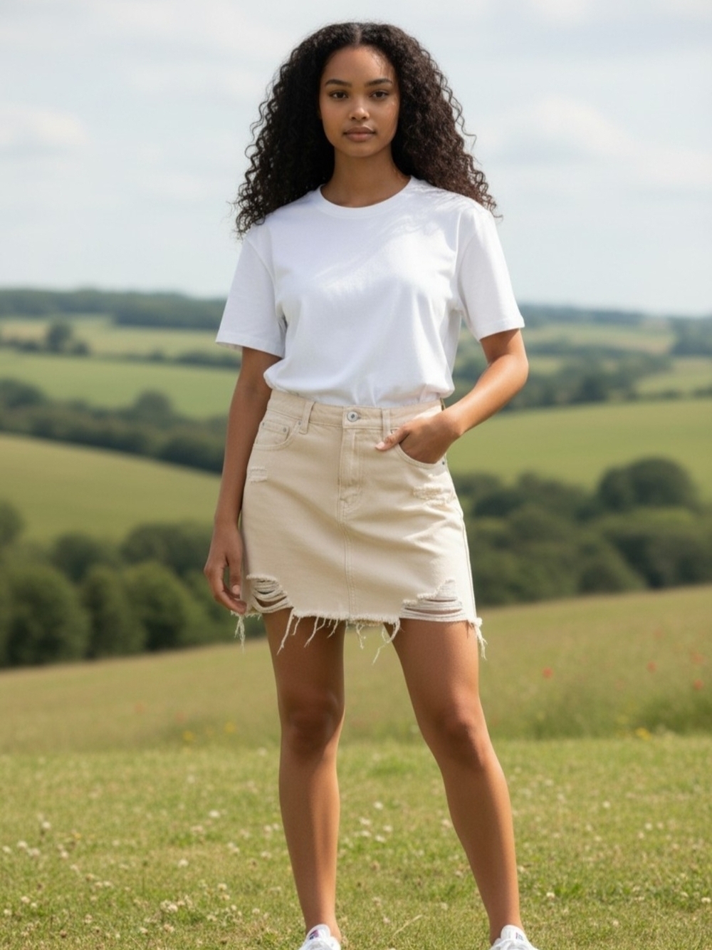 Zara Chic Beige Raw Hem Denim Cream Mini Skirt - Women Large NWOT 100% Cotton